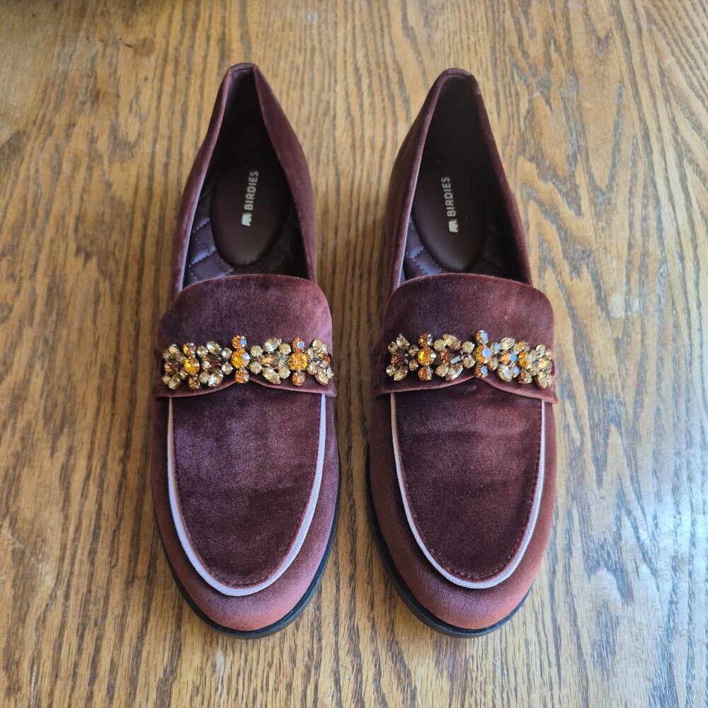 NWOB Birdies Brown Velvet Jeweled Smoking Loafer Size 9.5